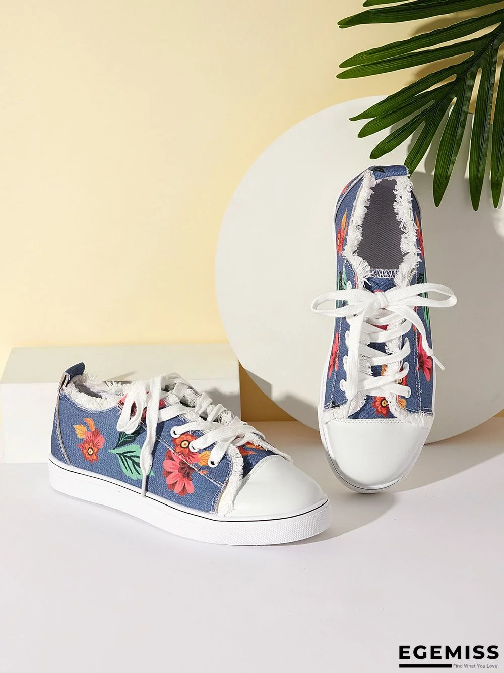 Floral Leaves Lace Up Sneakers Denim Sneakers | EGEMISS