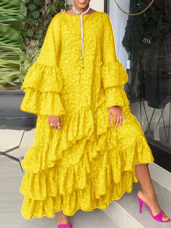 Round-Neck Loose Long Sleeve Falbala Printing A-Line Maxi Dress