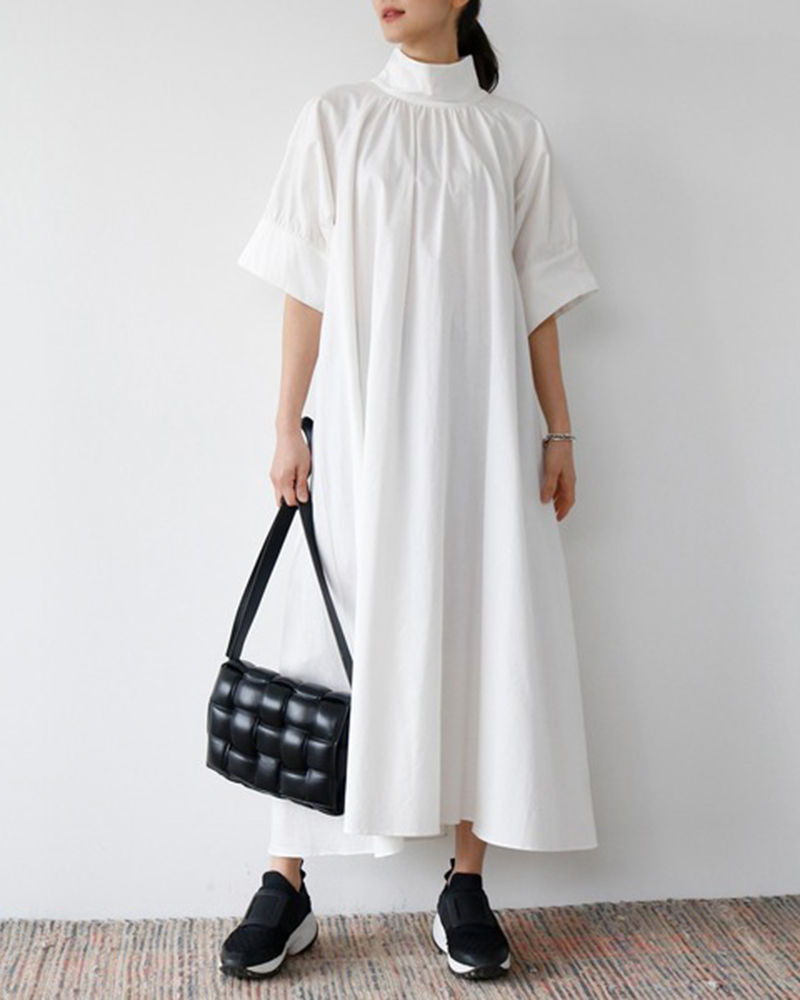 High Neck Short Puff Sleeve Loose Maxi Dress