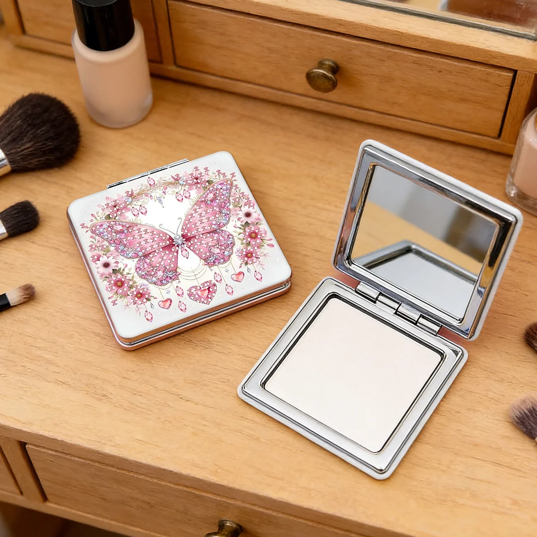 Pink Butterfly DIY Special Shaped Diamond Painting Compact Mirror Kits Diamond Art Painting Pocket Mirror for Beginners Adults Art Craft Woman Gifts