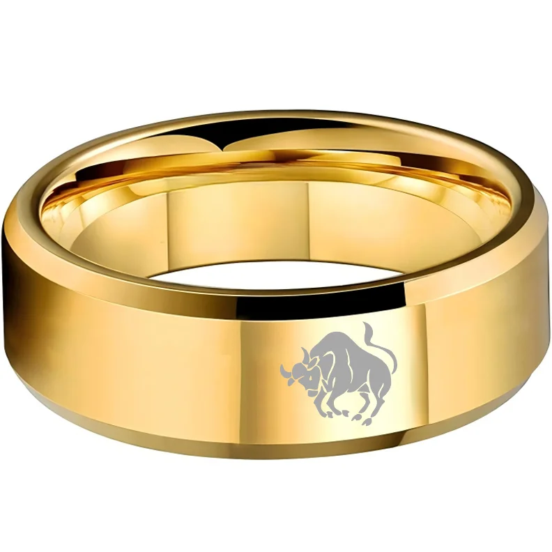 Mens Womens Gold Taurus Tungsten Carbide Rings Gold Edges and Laser Etched Wedding Bands Comfort Fit 4MM 6MM 8MM