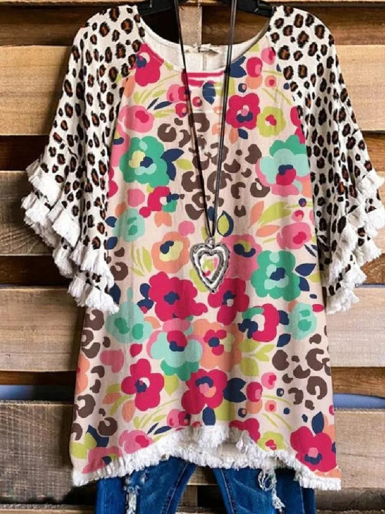 Women's Pullover Print Short Sleeves Loose Leopard Print Floral Top Short Sleeve T-shirt