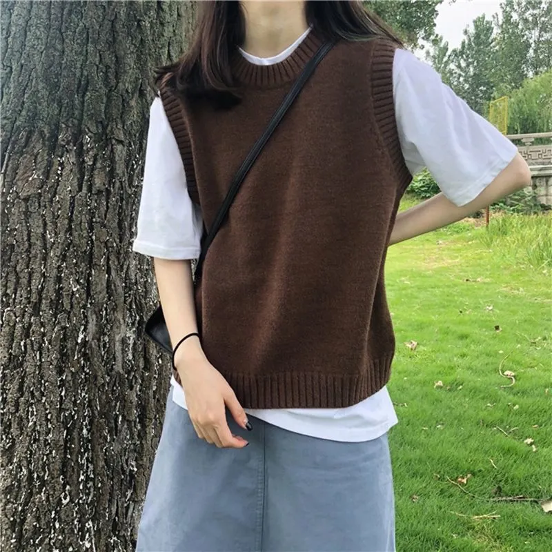Churchf Churchf Autumn Round Collar Solid Color Knit Sweater Fold Wear Vest New This Year Popular Clip Outside The Foreign Style Vest Female