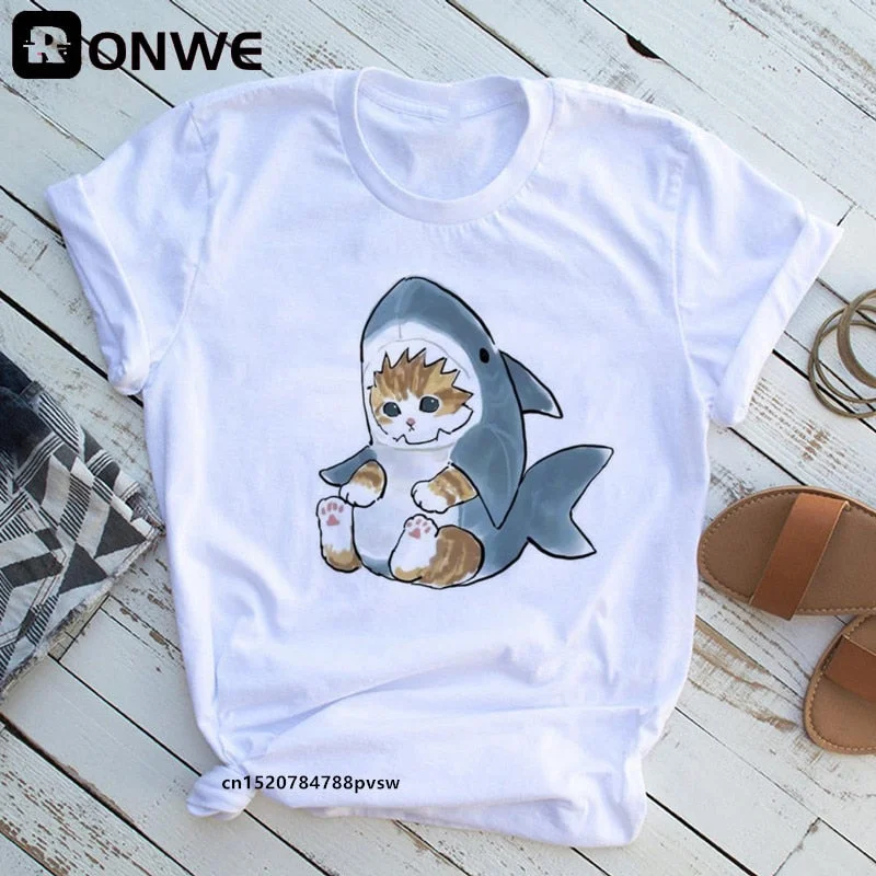 Cat Shark Funny Women Cartoon Y2K T shirt Female 90s Summer Clothing Girl Fashion Black T-shirts,Drop Shipping