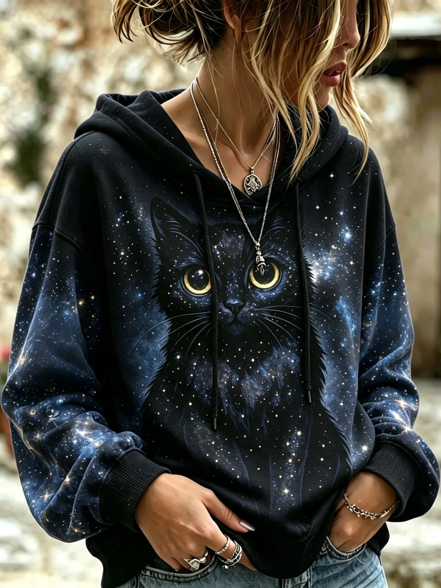 Comstylish Women's Retro Bohemian Cat Print Hooded Sweatshirt
