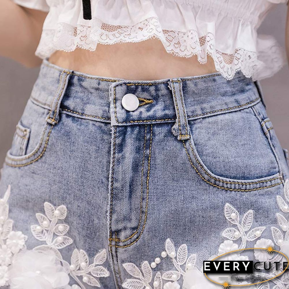 Blossom Embroidery Lace Denim Shorts