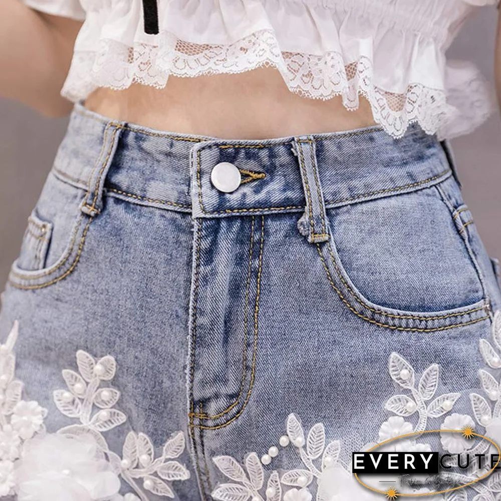 Blossom Embroidery Lace Denim Shorts