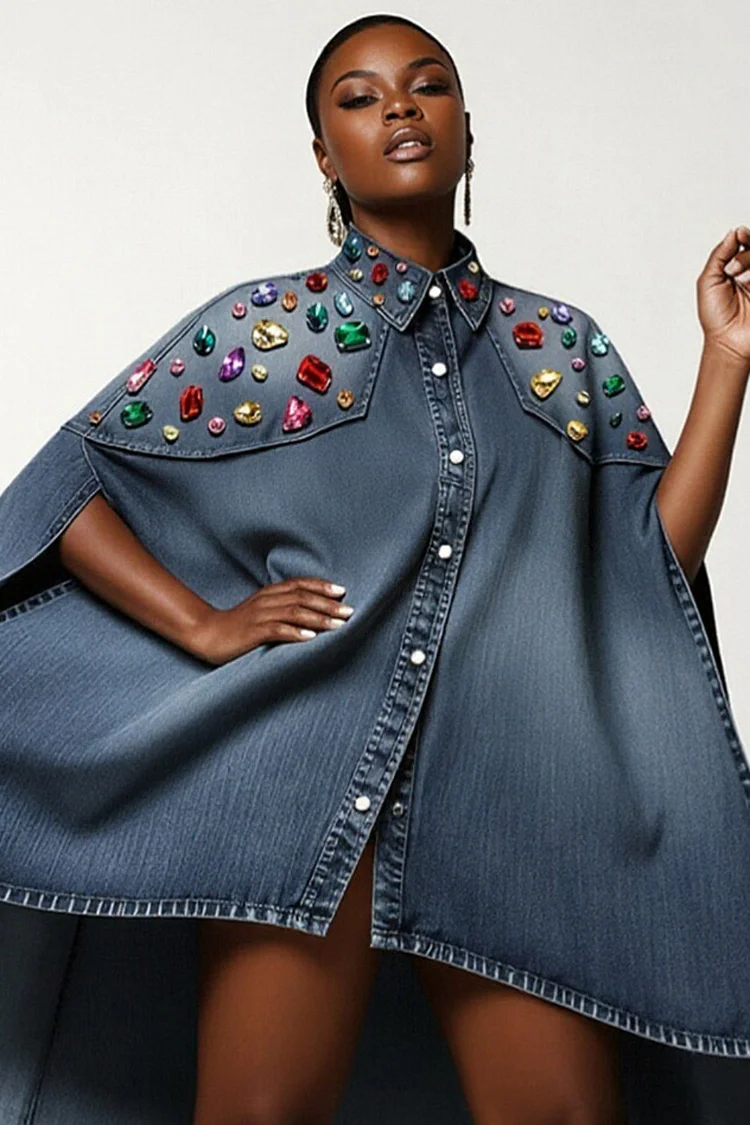 Xpluswear Design Plus Size Party Blue Shirt Collar Half Sleeve Drilling Casual Asymmetric Hem Denim Mini Dresses [Pre-Order]