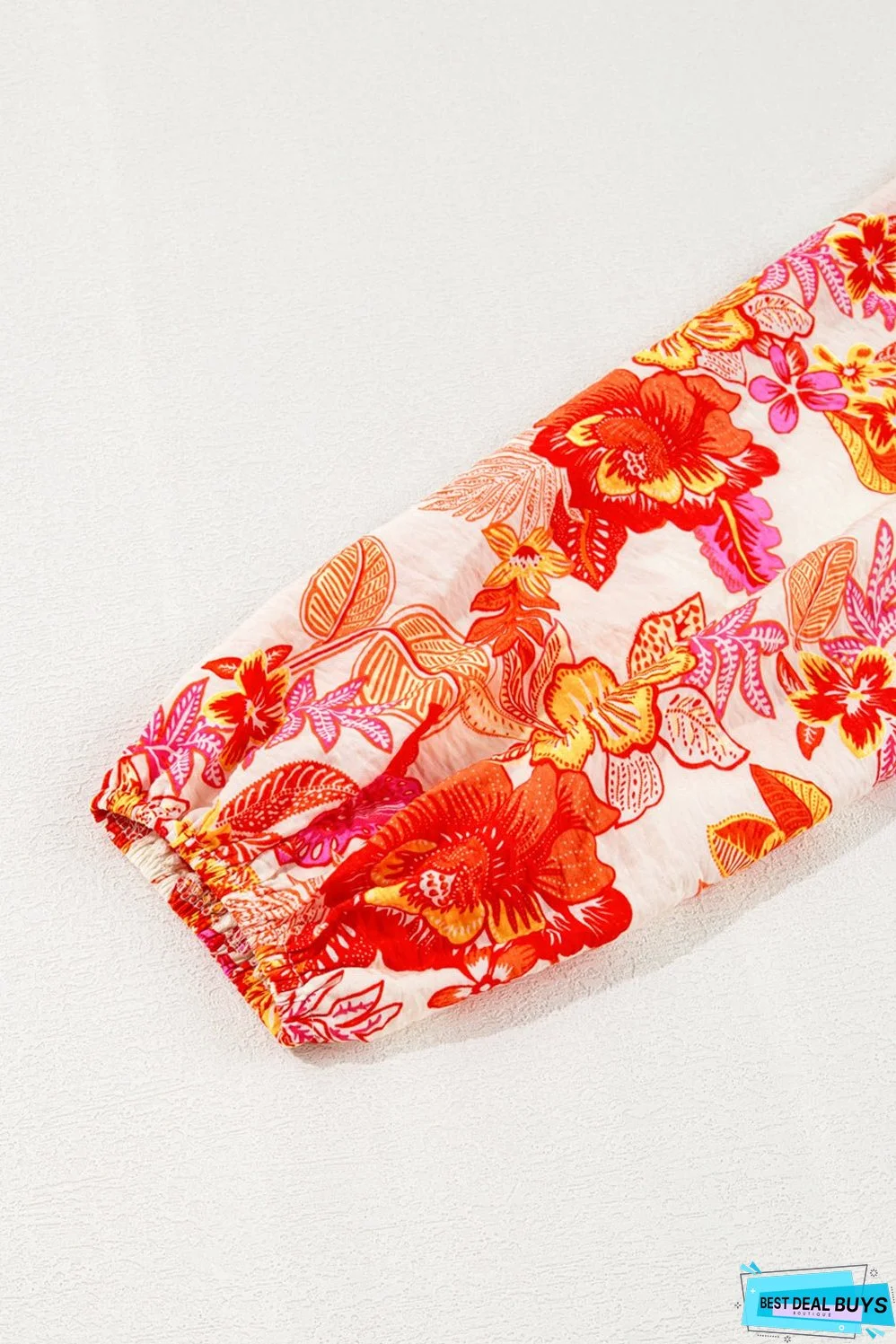 Orange Floral Print Pearl Button Keyhole Long Puff Sleeve Blouse