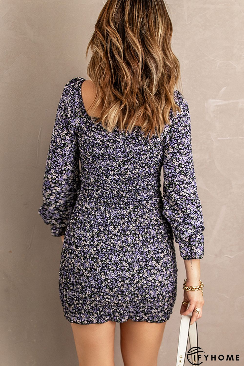 Purple Floral Print Shirred Slim-fit Long Sleeve Mini Dress | IFYHOME