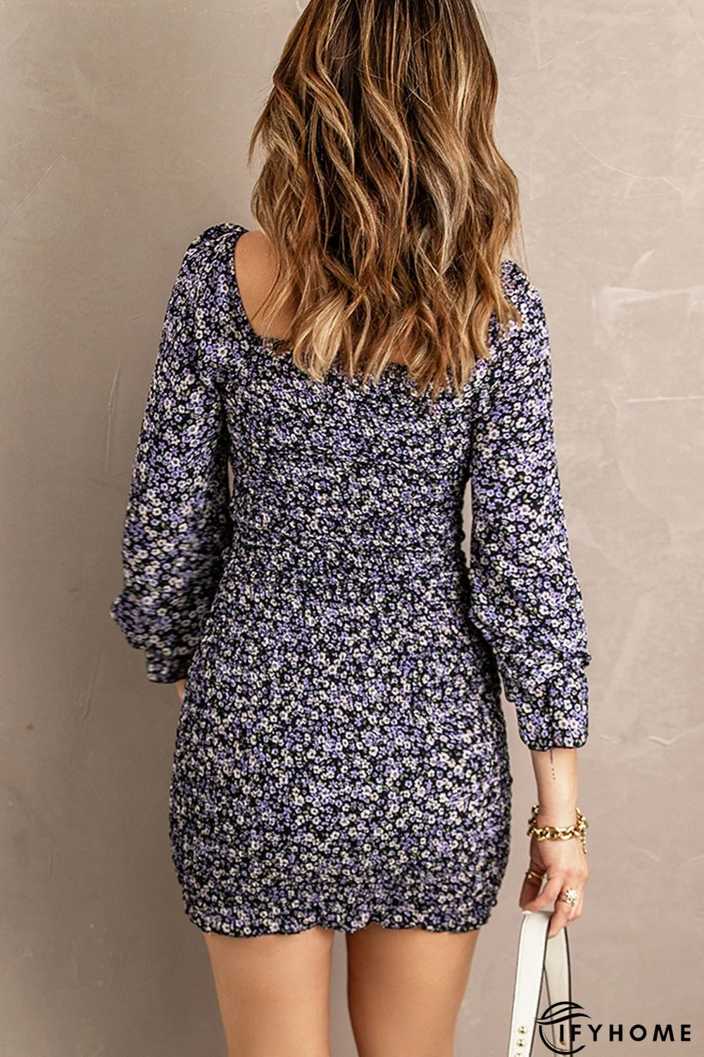 Purple Floral Print Shirred Slim-fit Long Sleeve Mini Dress | IFYHOME