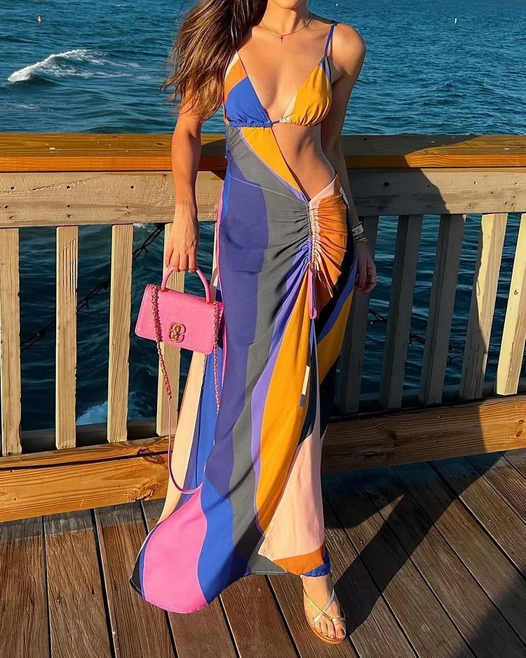 Casual Color Block Printed Cutout Dress
