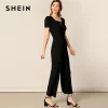 SHEIN Black Elegant Rib-Knit Square Neck Belted Palazzo Leg Solid Jumpsuit Women Spring Workwear Office Lady Wide Leg Jumpsuits