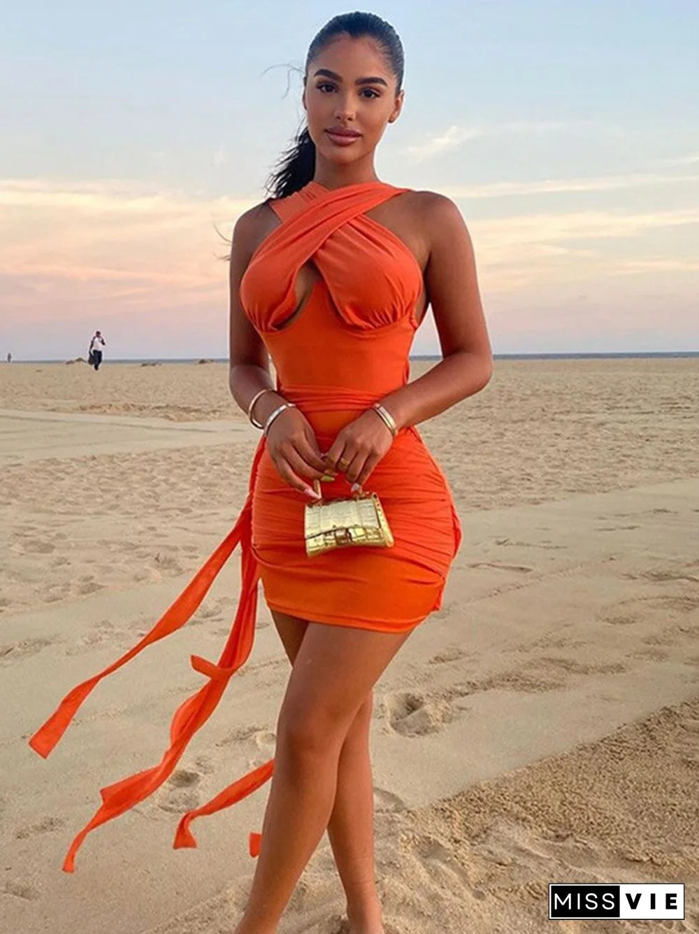 Autumn Sexy White Dresses For Women Bandage Ruched Orange Mini Dress Ladie Sleeveless Bodycon Dress Club Rave Outfit