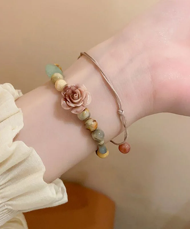 Unique Hand Knitting Rose Beading And Gem Stone Two Piece Set Bracelet