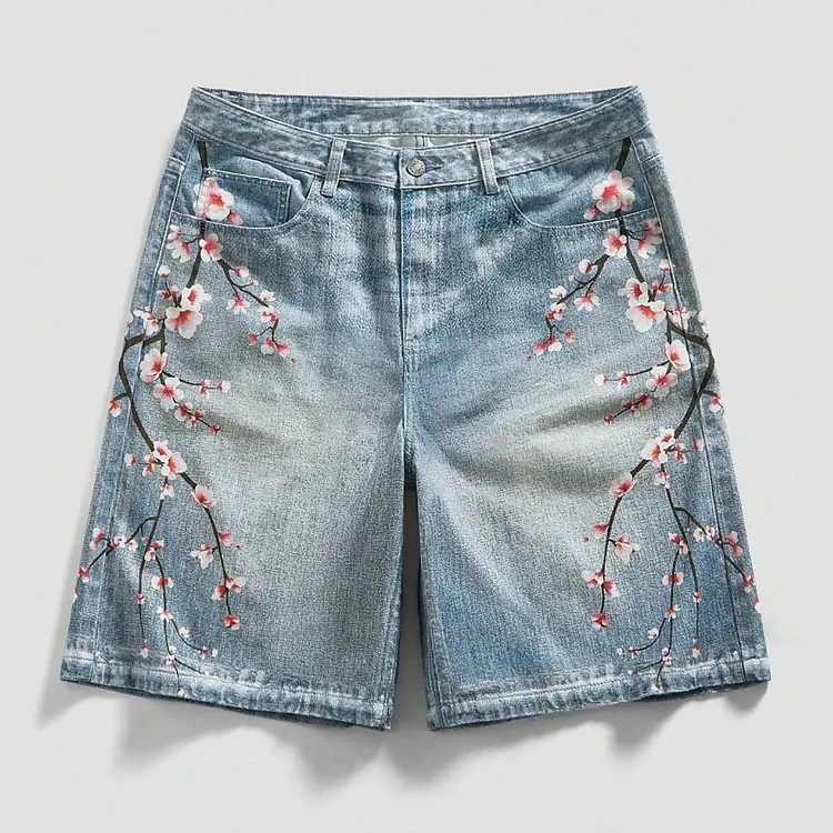Retro Japanese Floral Long Shorts  Jorts