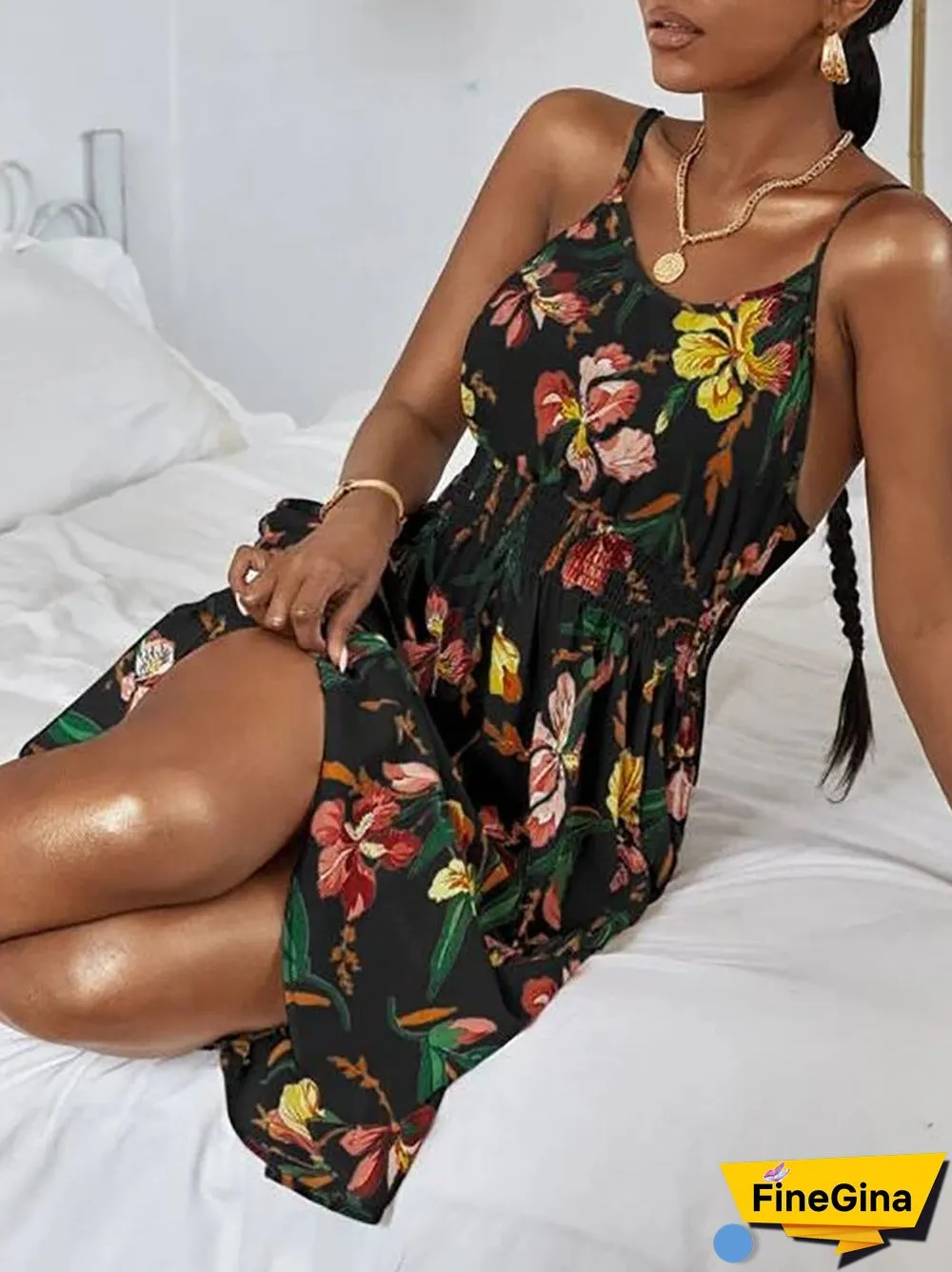 Women'S Dresses Printed Sling Elastic Waist Sleeveless Dress