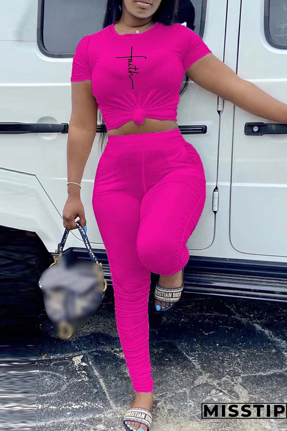 Orange Casual Print Fold O Neck Short Sleeve Two Pieces