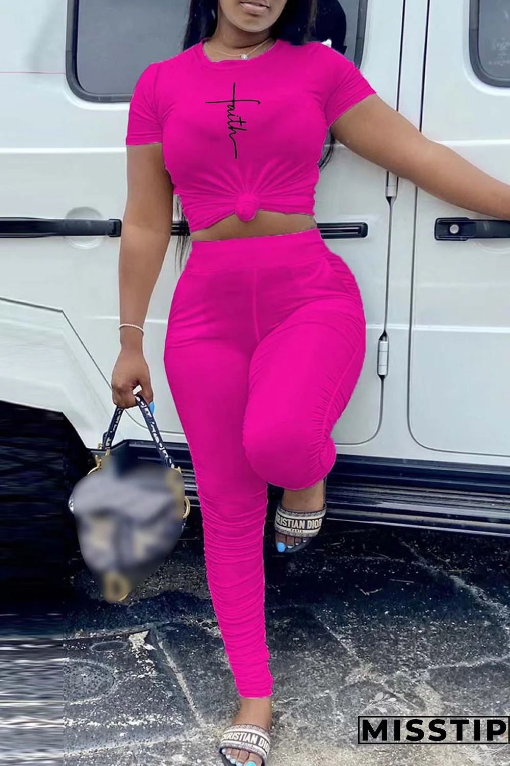 Orange Casual Print Fold O Neck Short Sleeve Two Pieces