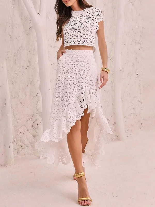 Round-Neck Flower Print Hollow Jacquard Solid Color Vest Top + Ruffle Trim Bodycon High-Low Skirts Bottom Two Pieces Set