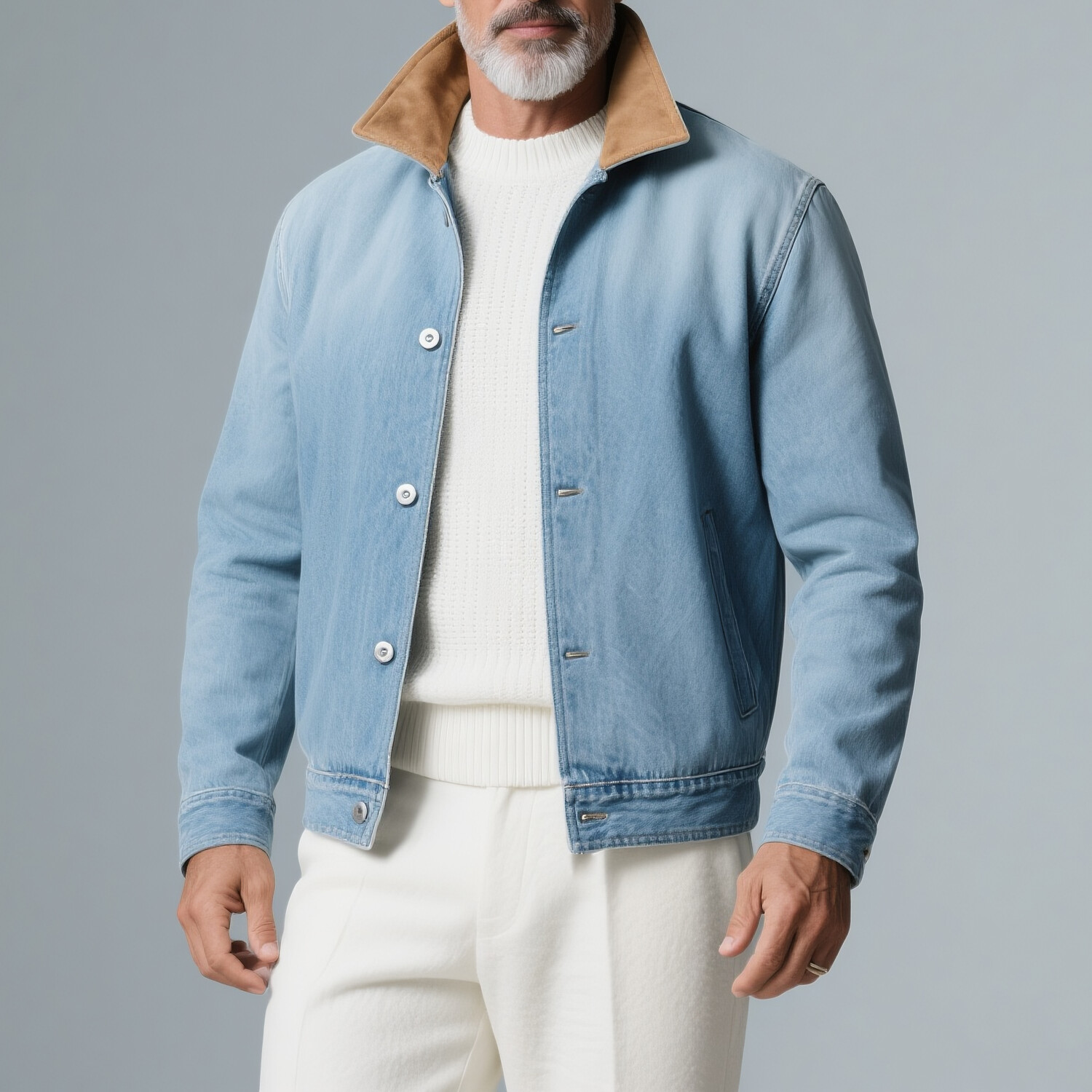 Men's Suede Turndown Collar Metal Button Long Sleeve Pocket Denim Jacket