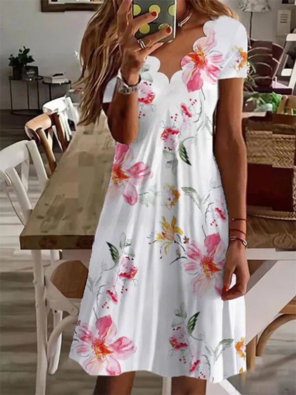 Women Short Sleeve V-neck Floral Printed Midi Dress