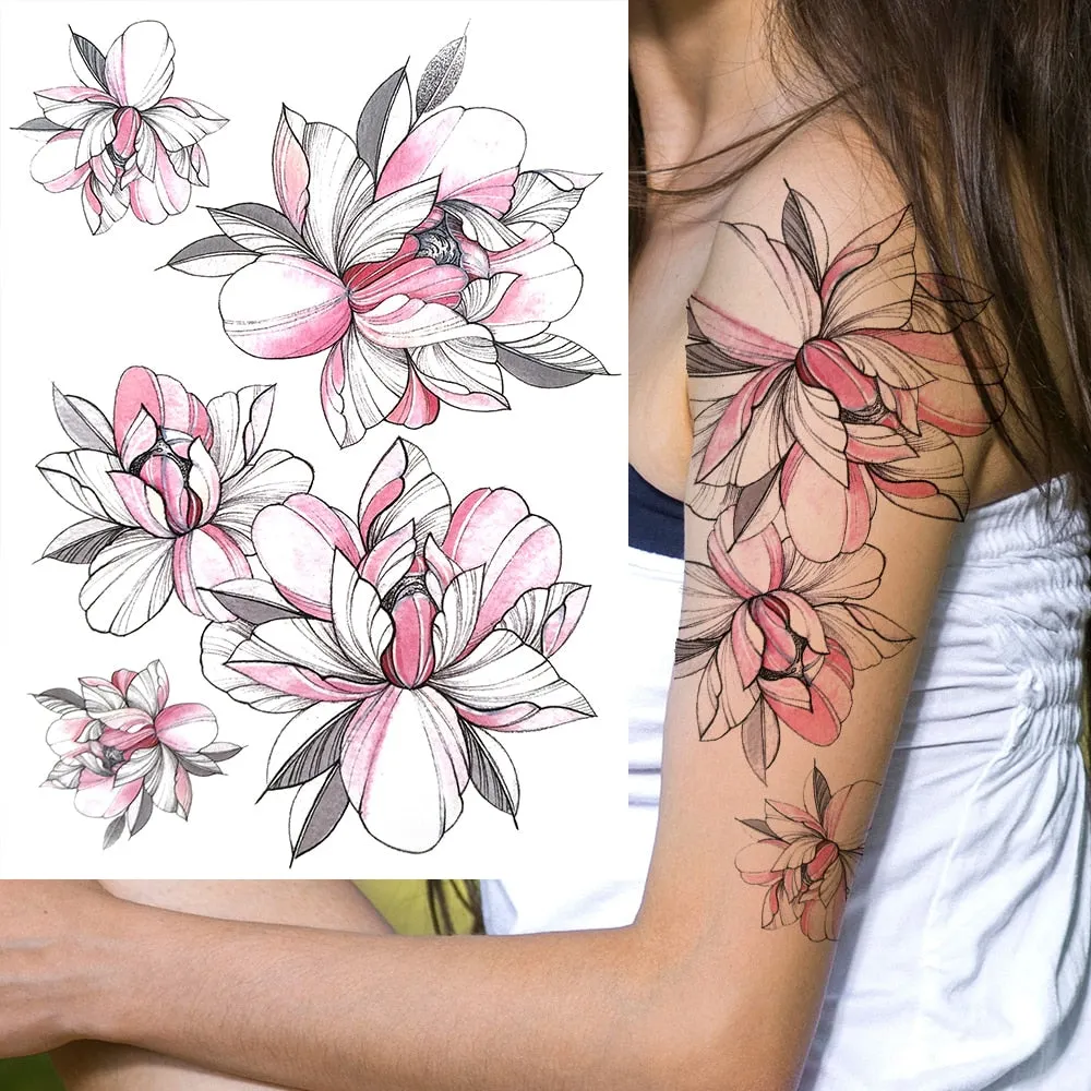 3D Flower Triangle Temporary Tattoos For Women Girl Fake Wolf Deer Geometry Tattoo Sticker Peony Dahlia Body Art Adults Tatoos