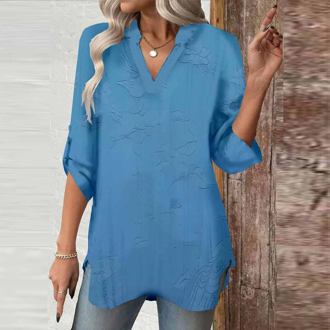 Women Blue, Bird DZGA0452 3/4 Sleeve V-neck Printed Graphic Button Tops