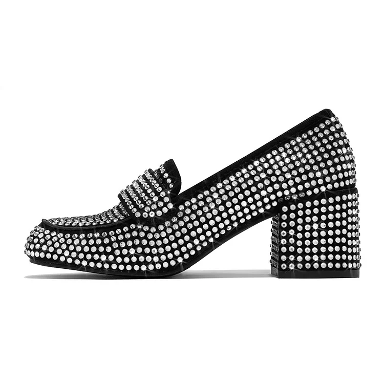 Woman's Black Chunky Loafers Rhinstone Square Toe Pumps |FSJ Shoes