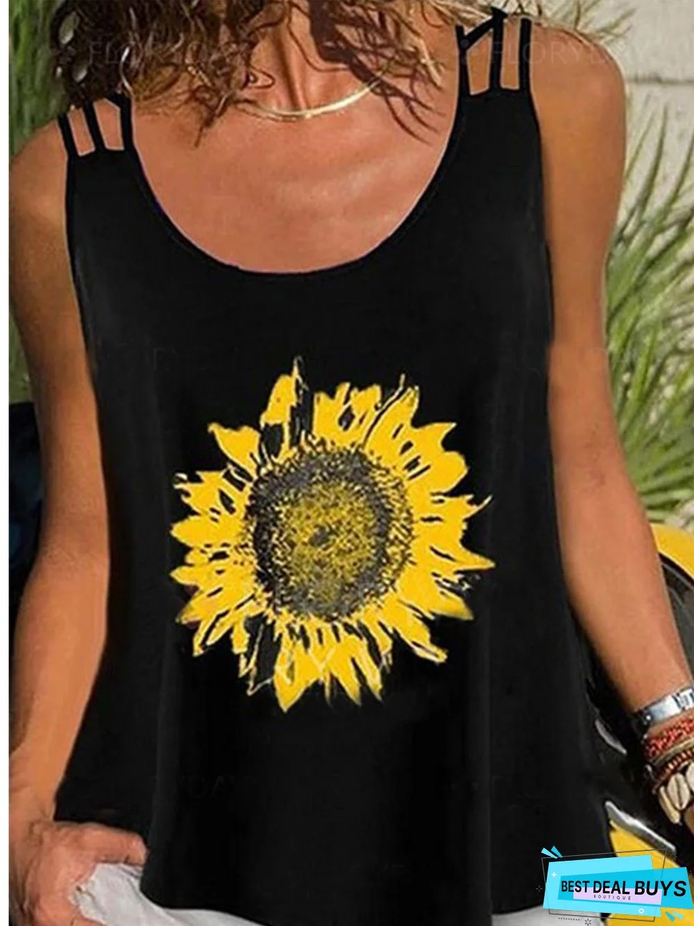 Black Floral Sleeveless Floral-Print T-shirt