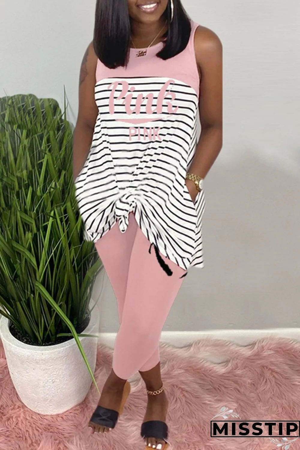 Pink Fashion Casual Striped Letters Printing Sleeveless Set