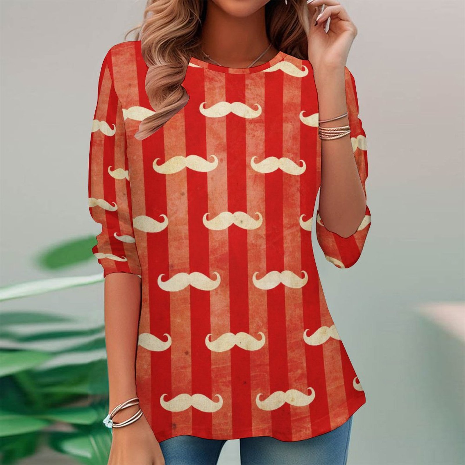 Women Long Sleeve V-neck Graphic Floral Printed Top