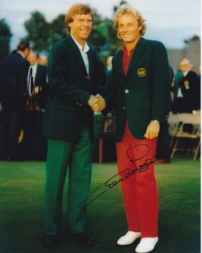 Ben Crenshaw and Bernhard Langer Signed Masters Green Jacket 8x10 inch Photo Poster painting