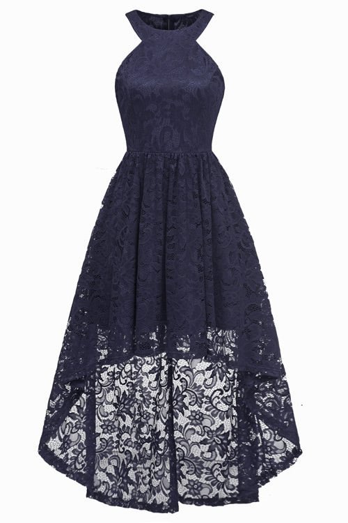 Dark Navy High Low Cut Out Lace Prom Dress - Chicaggo
