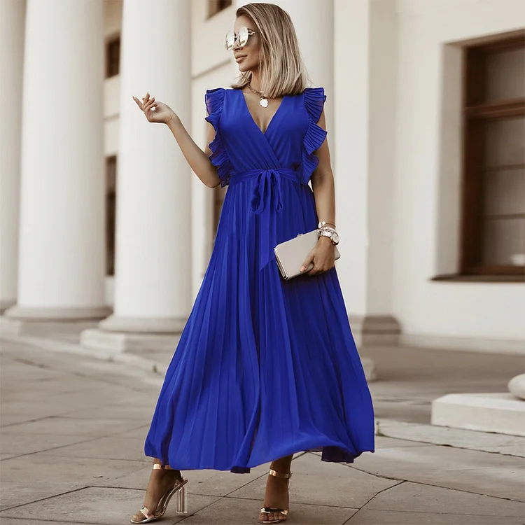 Women's Boho Dress V-Neck Ruffle Sleeve Solid Pleated Dress