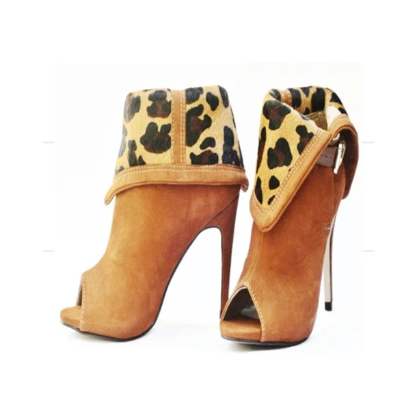 Mustard Leopard Print Peep Toe Booties with Stiletto Heel Vdcoo