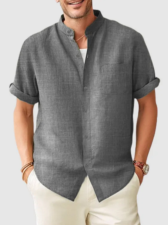 Men's Solid Color Cotton and Linen Pocket Short Sleeve Stand Collar Shirt PLUSCLOTHESMAN