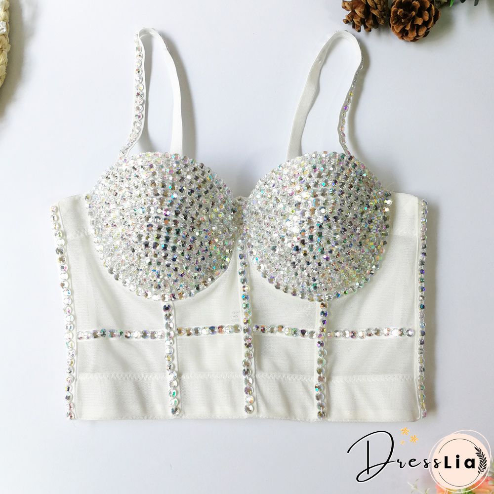 Multi Color Diamantes Women Sexy Push Up Crop Top Shiny Corset Bustier Camisole Nightclub Dance Camgirl Vest Black Nude