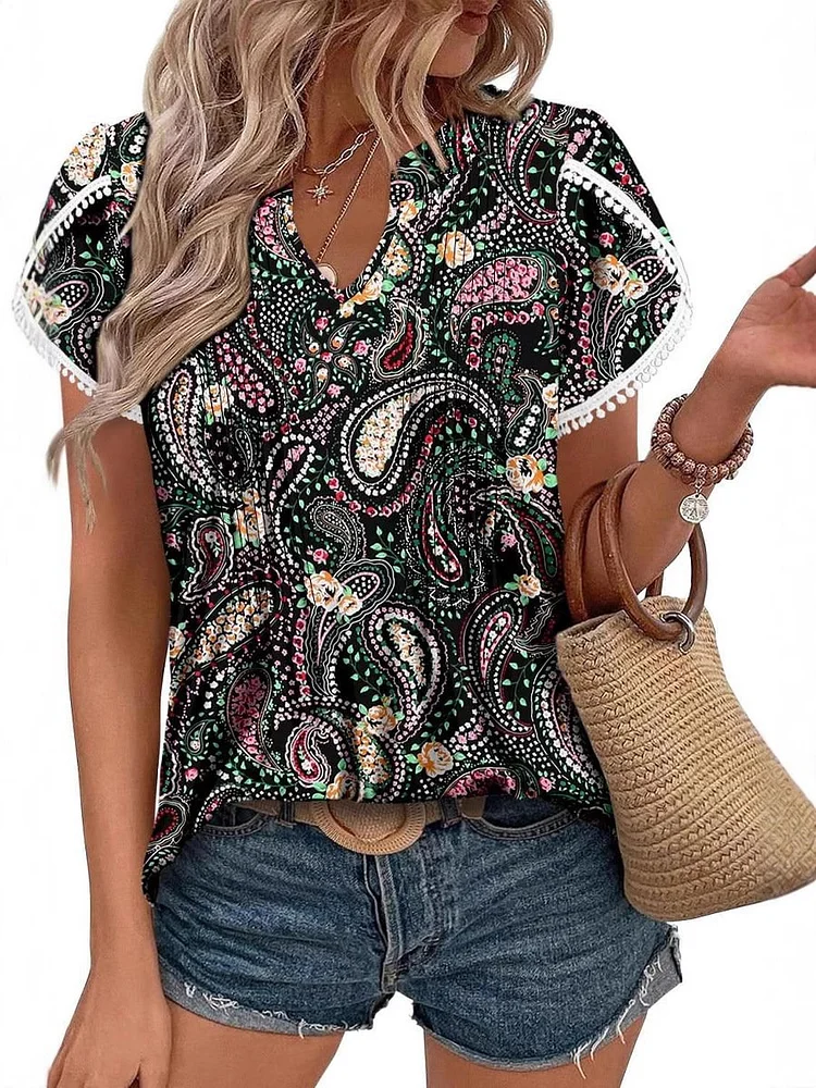 Women's Casual Petal Short Sleeve Printed Tops 