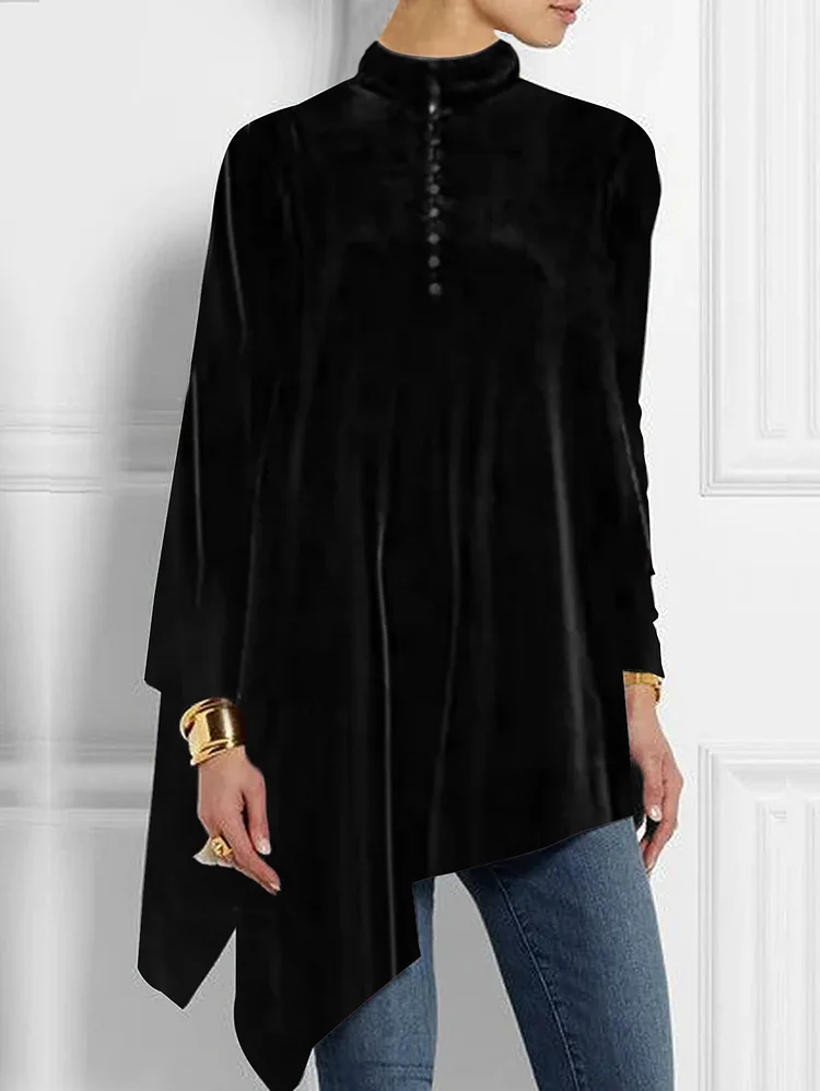 Ursime Velvet Mock Neck Long Sleeve Irregualr Hem Blouse