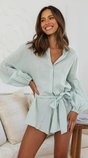 Light Green Waist Tie Romper