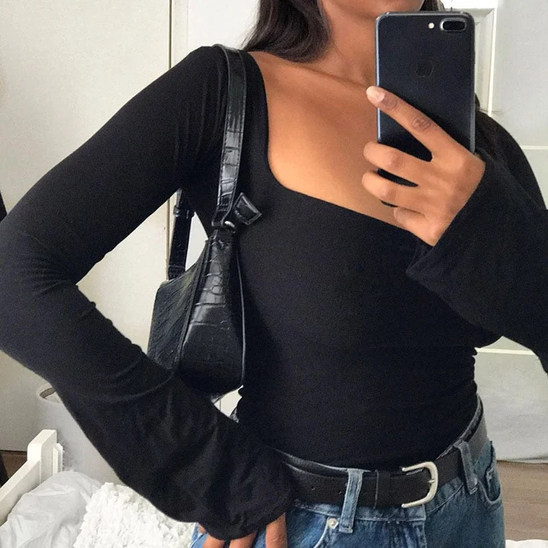 InstaHot Women Tee Top T Shirt Long Sleeve Square Collar Long Sleeve Basic Sexy Skinny Stretchy Top Casual Streetwear Solid 2020