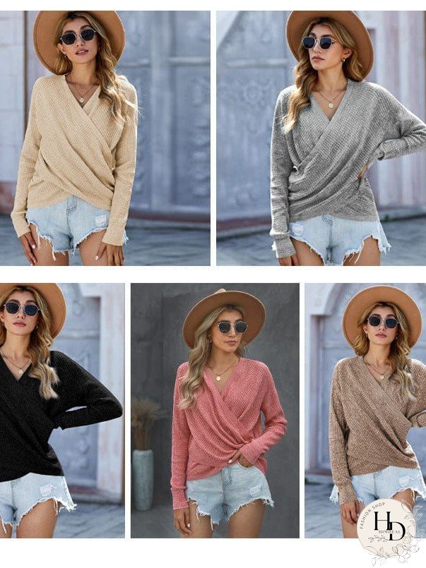 V-Neck Ladies' Sweater With Cross Detail In Solid Colors And Sexy Long Sleeves