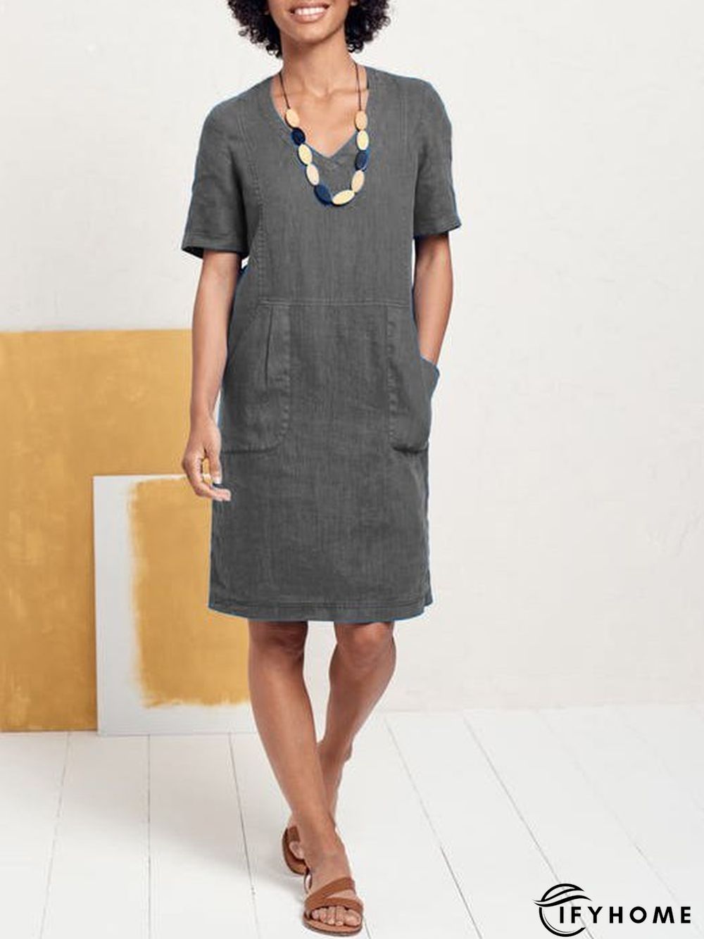 Solid Sweetheart Pockets Short Sleeve Dress | IFYHOME