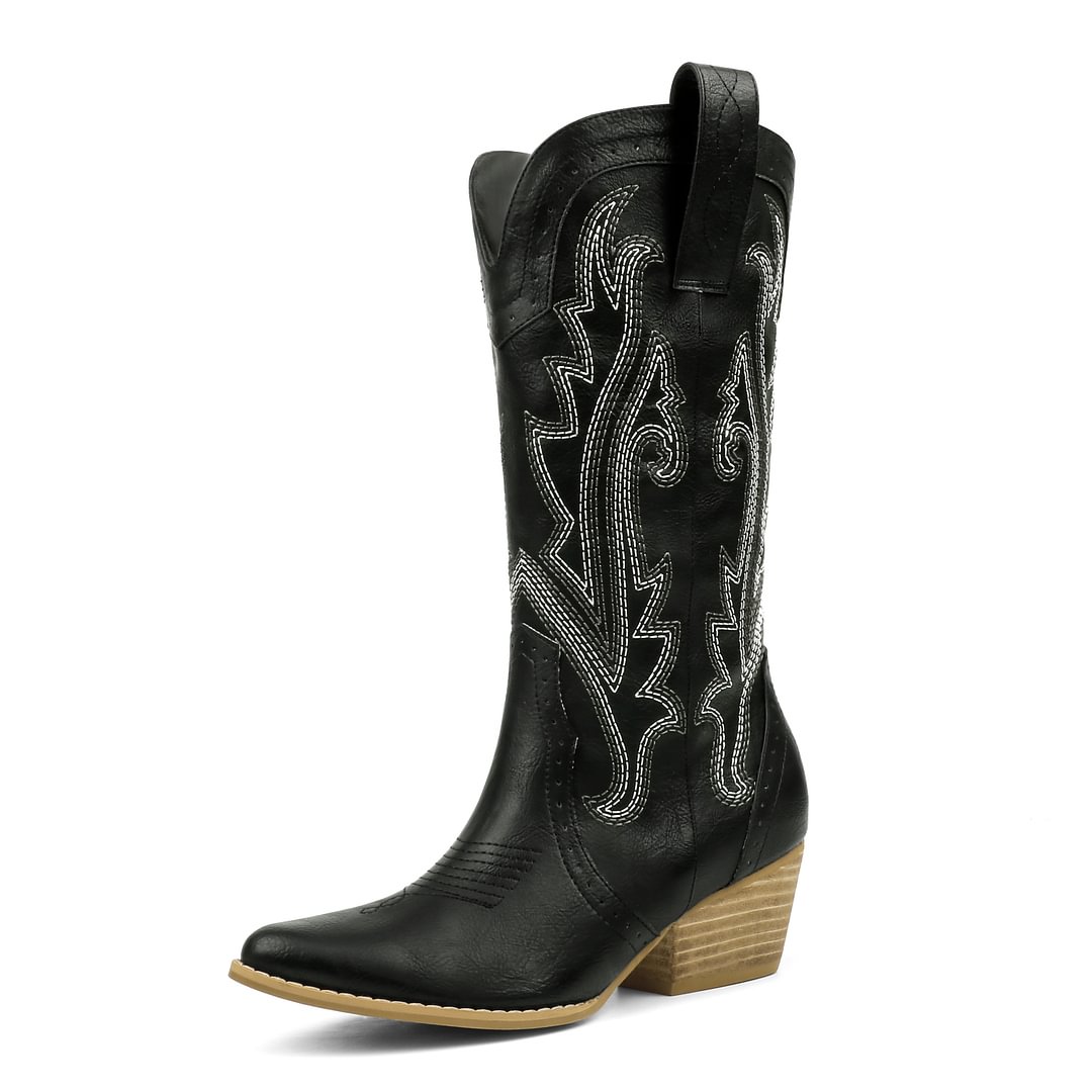 2" Women's Pointed Toe Embroidered Cowboy Boots Vintage Style Western Cowgirl Boots-MERUMOTE