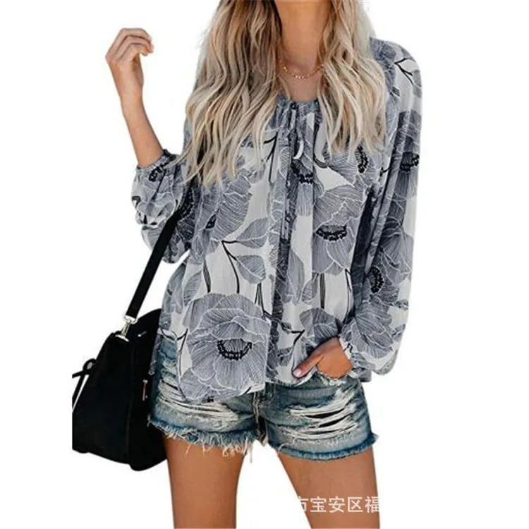 Churchf Churchf Autumn Floral Print Big V-Neck Long Sleeve Shirt Loose Rope Shirt Jacket Female