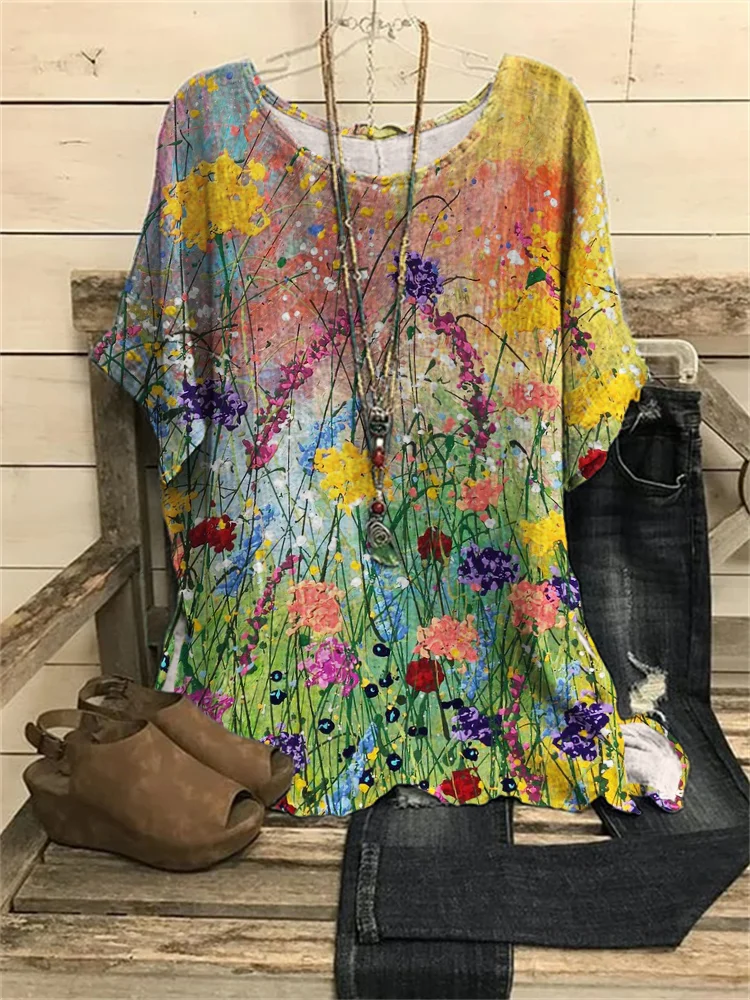 Flowers Oil Painting Comfy Woven Tunic