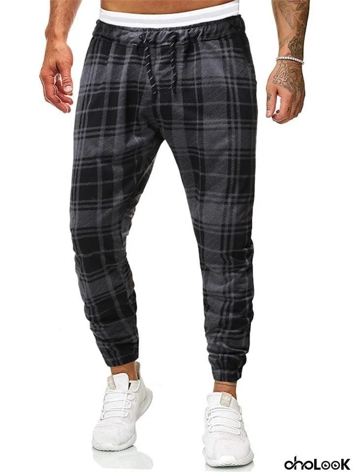 Men's Elastic Waist Plaid Front Drawstring Fashion Casual Pants