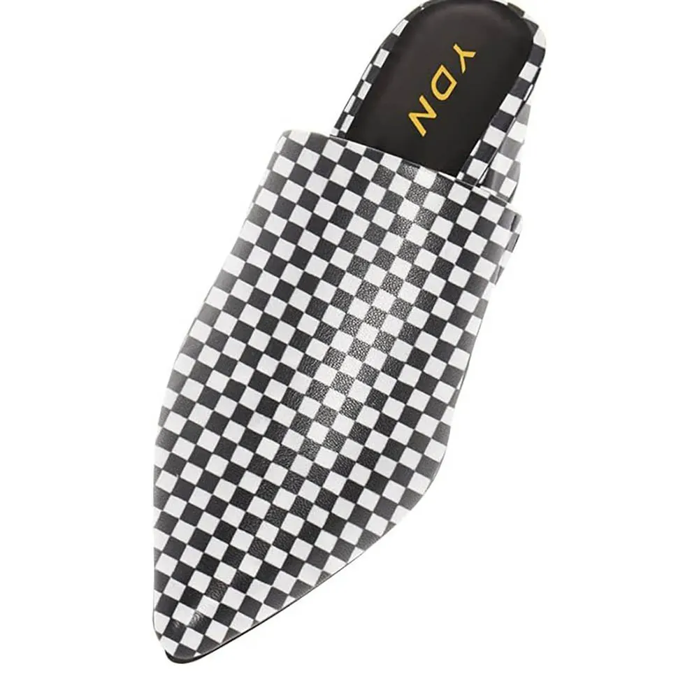 Black & White Checkered Pointed Toe Slip On Heeled Mules for Women