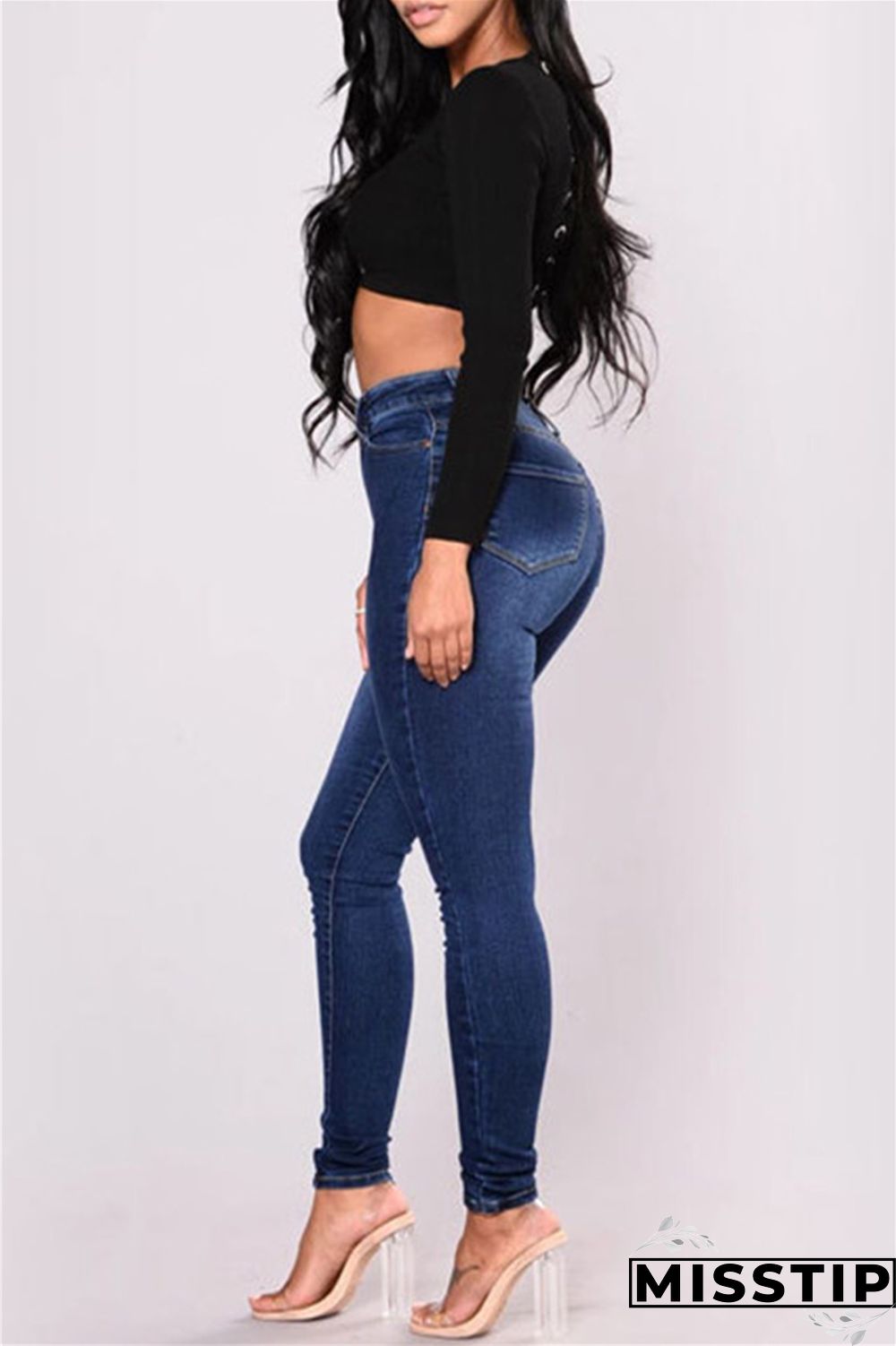 Deep Blue Fashion Casual Solid Basic High Waist Skinny Denim Jeans